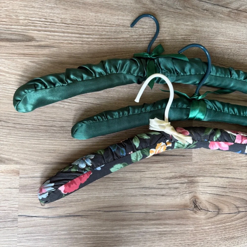 Vintage Padded Satin Clothes Hangers Set of 3 Emerald Green and Floral Print